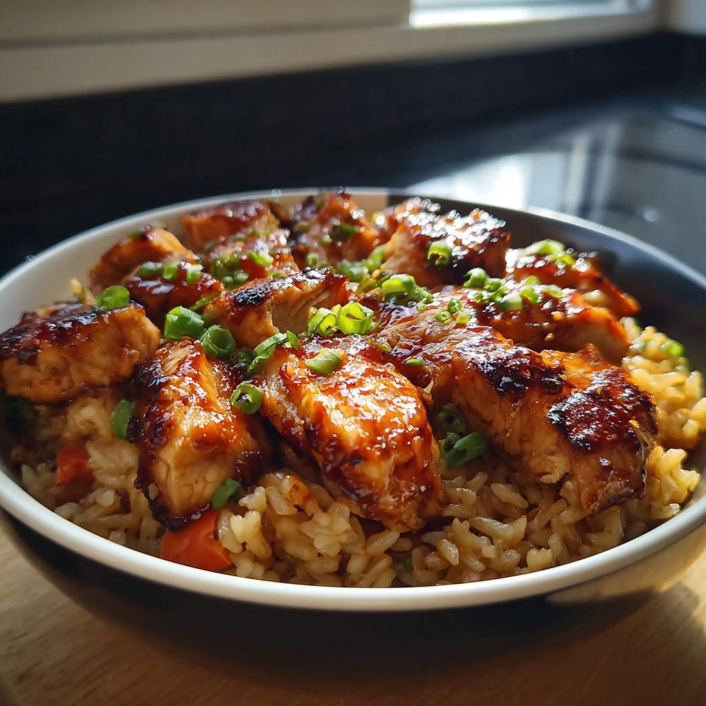 A close-up of a bowl filled with One-Pan Honey BBQ Chicken Rice, topped with glazed chicken pieces and green onions.