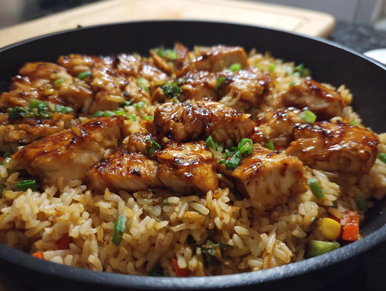 A close-up of a one-pan honey BBQ chicken rice dish, featuring glazed chicken pieces over seasoned rice with vegetables.