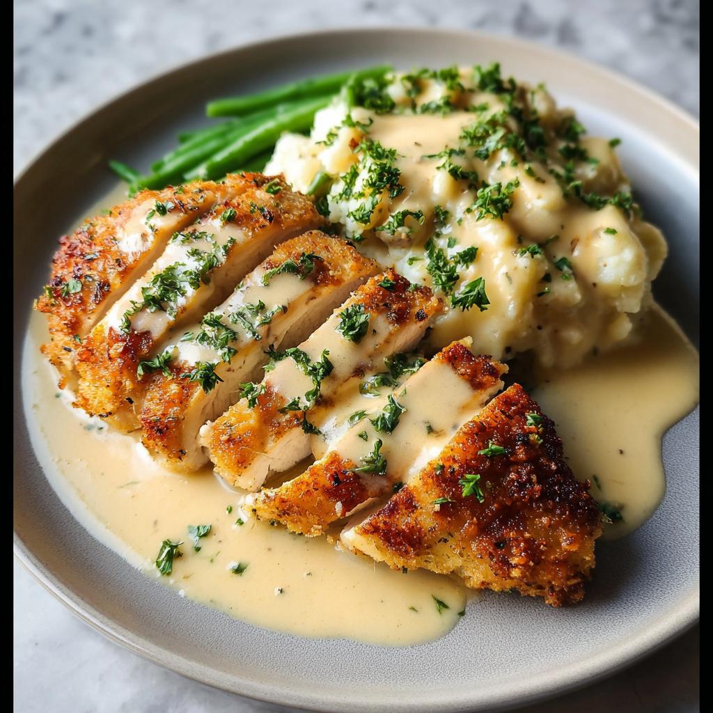 A plate of sliced Parmesan Crusted Chicken with Creamy Garlic Sauce, served with mashed potatoes and green beans.