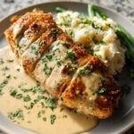 A serving of Parmesan Crusted Chicken with Creamy Garlic Sauce, mashed potatoes, and green beans.