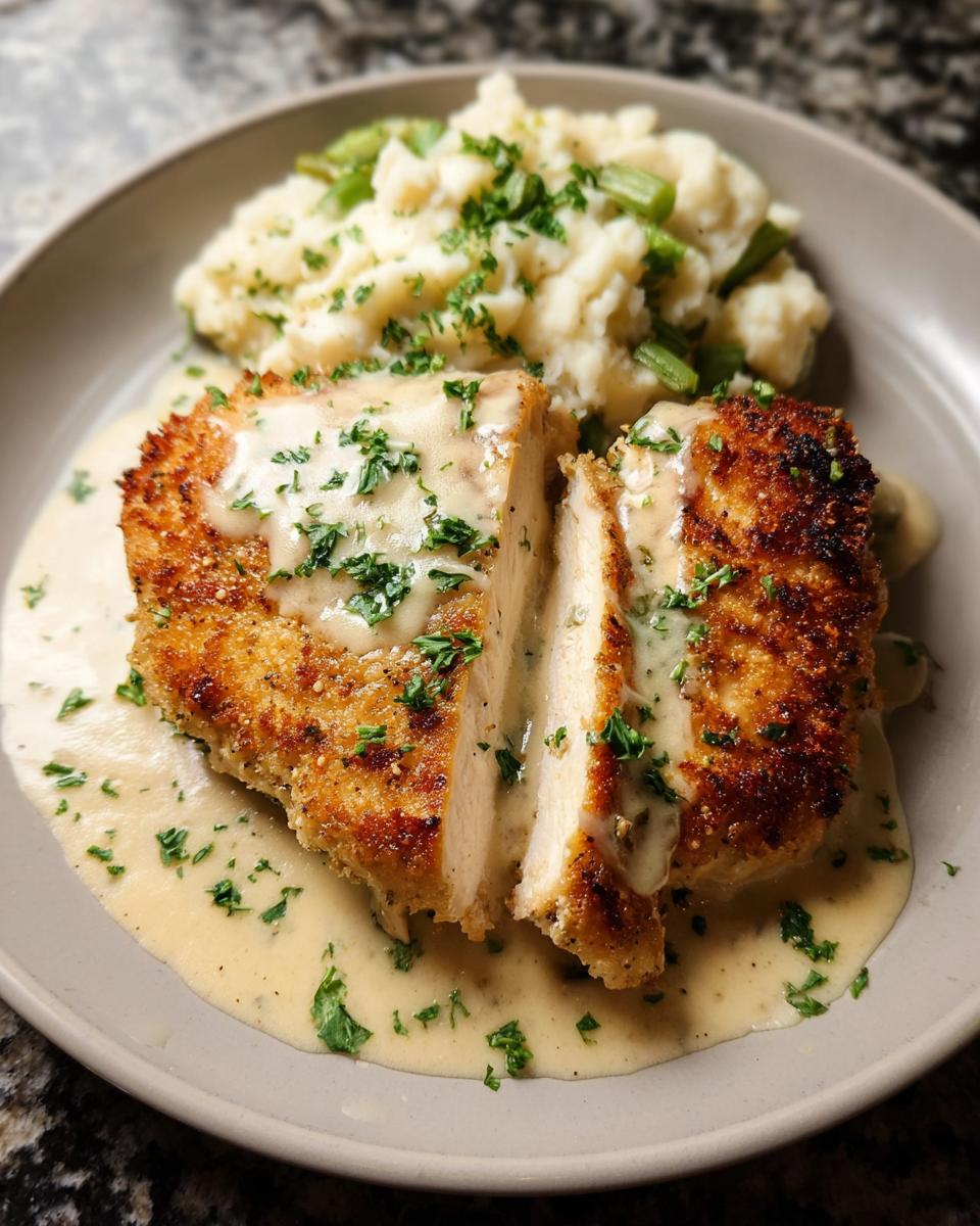 A sliced Parmesan crusted chicken breast served with mashed potatoes and drizzled with creamy garlic sauce.