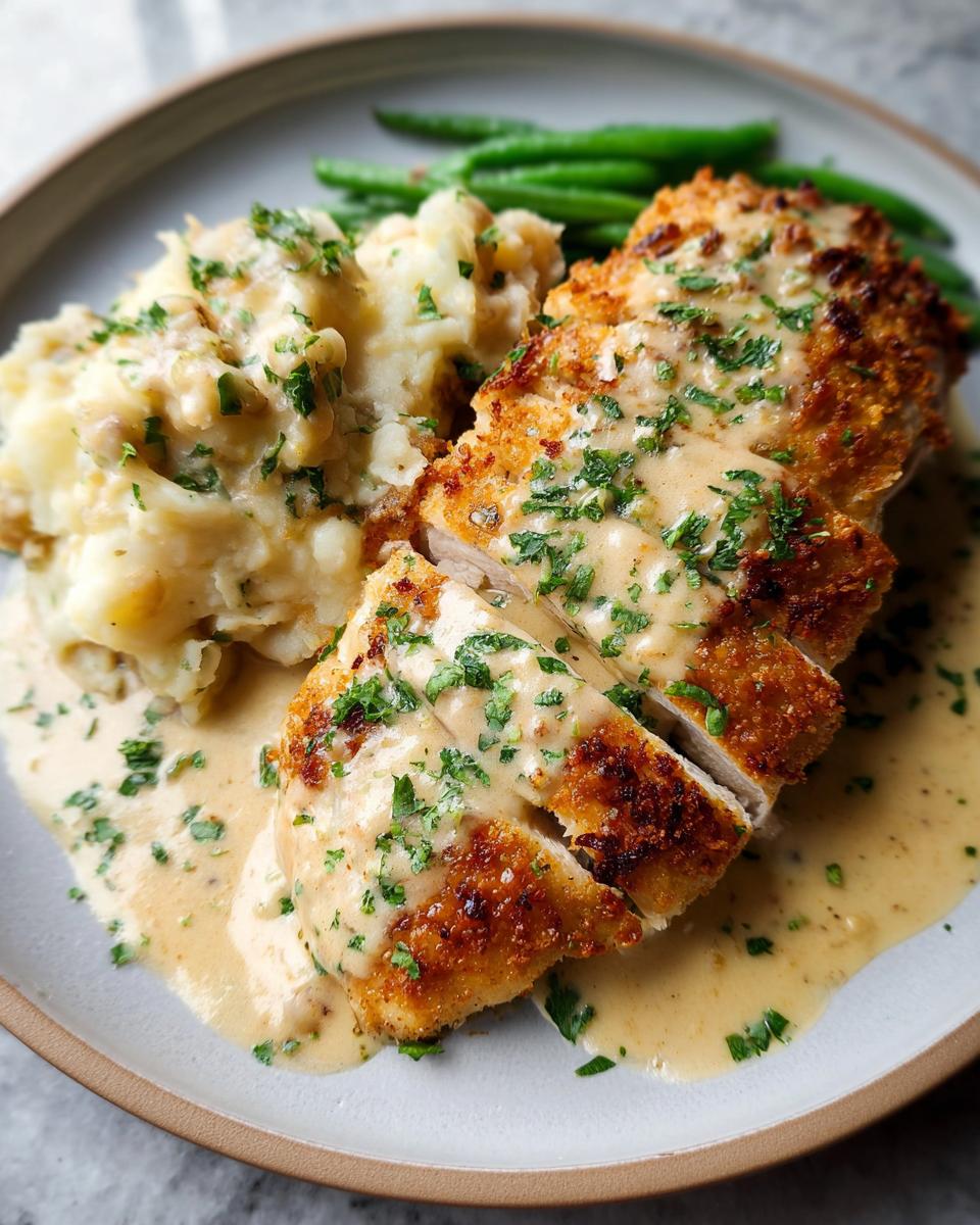 Close-up of Parmesan Crusted Chicken with Creamy Garlic Sauce, served with mashed potatoes and green beans.