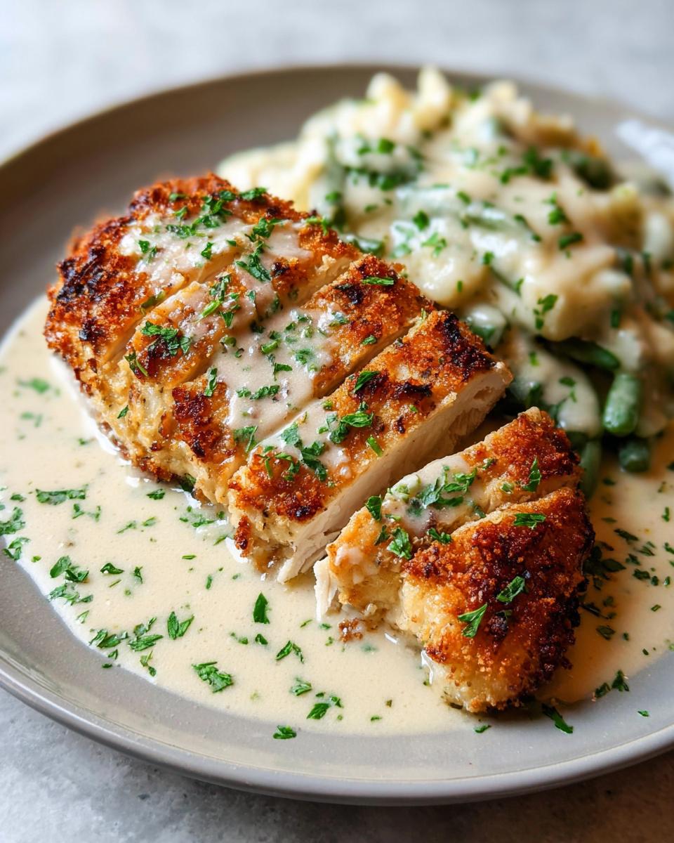 A close-up of sliced Parmesan Crusted Chicken with Creamy Garlic Sauce, garnished with parsley, served with green beans.
