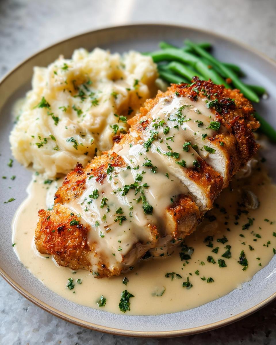 A close-up of Parmesan Crusted Chicken served with mashed potatoes and green beans, drizzled with creamy garlic sauce.