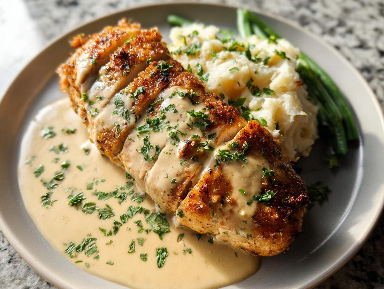 A serving of Parmesan Crusted Chicken with Creamy Garlic Sauce, mashed potatoes, and green beans.
