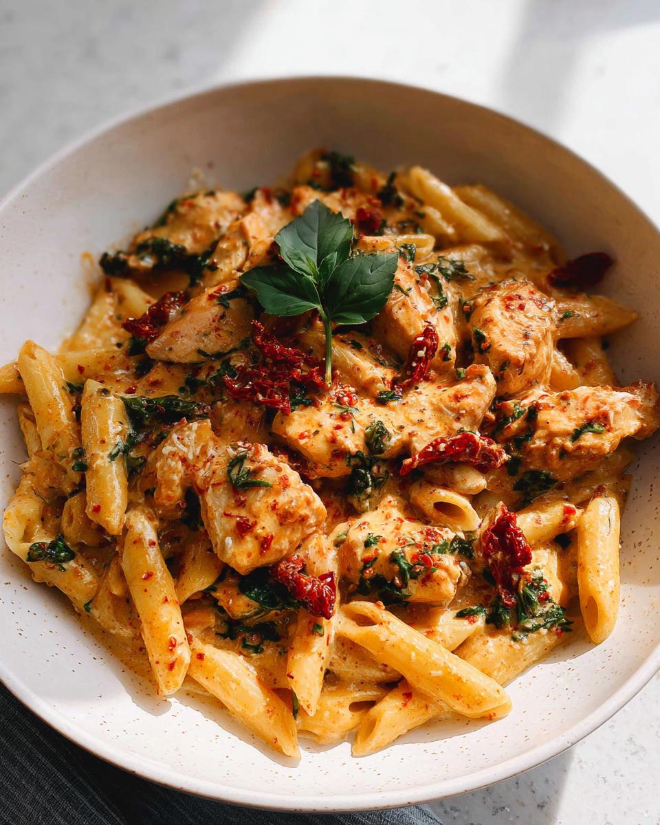 A close-up of creamy Parmesan Marry Me Chicken Pasta with penne, chicken pieces, sun-dried tomatoes, and basil.