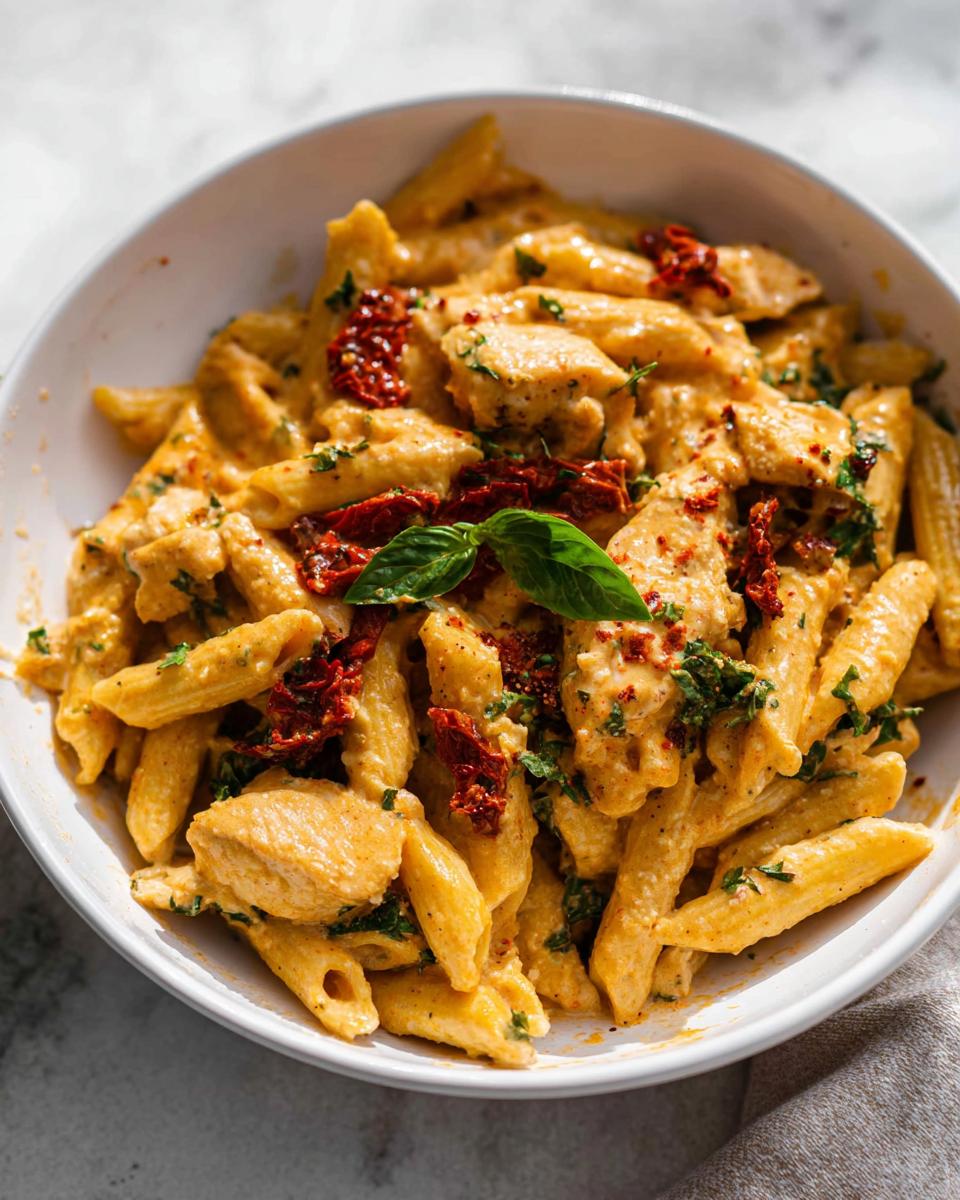 A close-up of creamy Parmesan Marry Me Chicken Pasta with sun-dried tomatoes and basil.