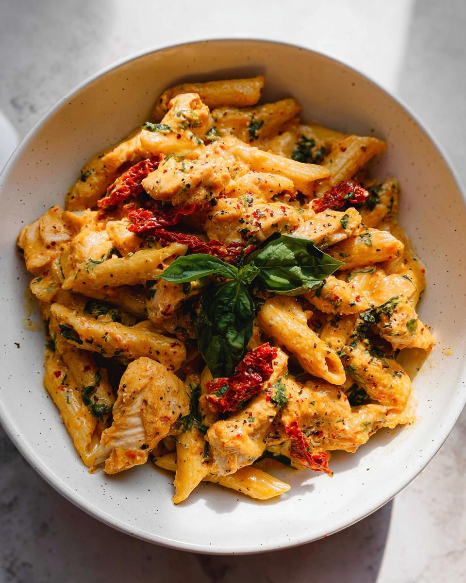 A close-up of delicious Parmesan Marry Me Chicken Pasta with penne, chicken pieces, sun-dried tomatoes, and basil.
