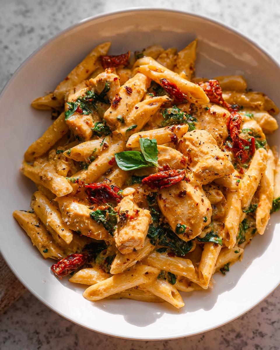 A close-up of creamy Parmesan Marry Me Chicken Pasta with penne, chicken pieces, sun-dried tomatoes, and spinach.