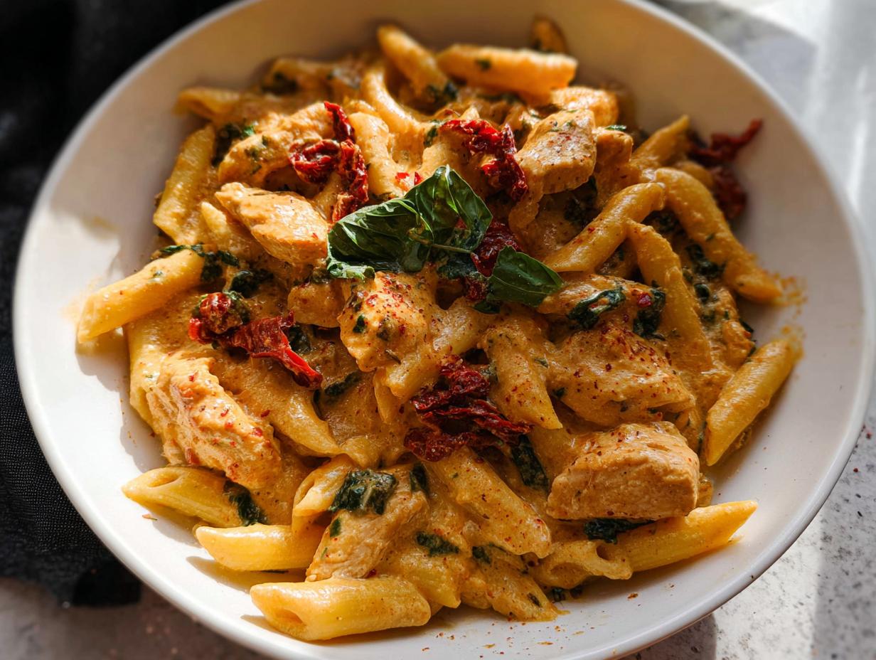 A close-up of creamy Parmesan Marry Me Chicken Pasta with penne, chicken pieces, sun-dried tomatoes, and basil.