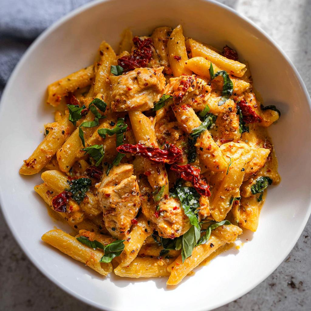 A bowl of delicious Parmesan Marry Me Chicken Pasta with penne, chicken pieces, sun-dried tomatoes, and basil.