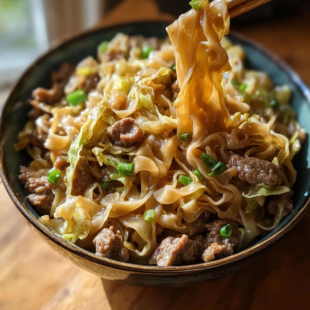 A close-up of a delicious Potsticker Noodle Bowl with Pork & Cabbage Slaw, with noodles being lifted by chopsticks.
