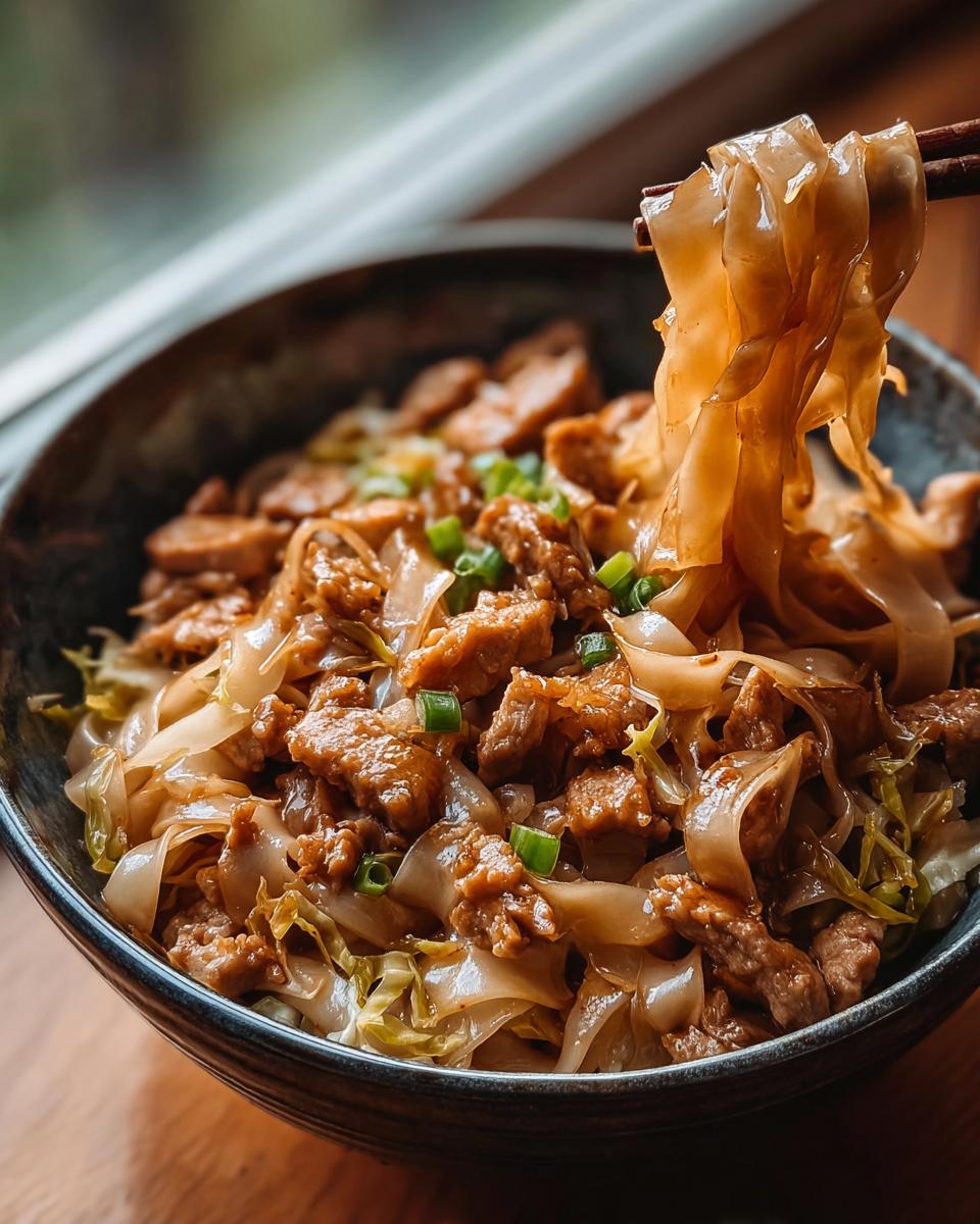 Close-up of a potsticker noodle bowl with tender pork and fresh cabbage slaw, garnished with green onions.