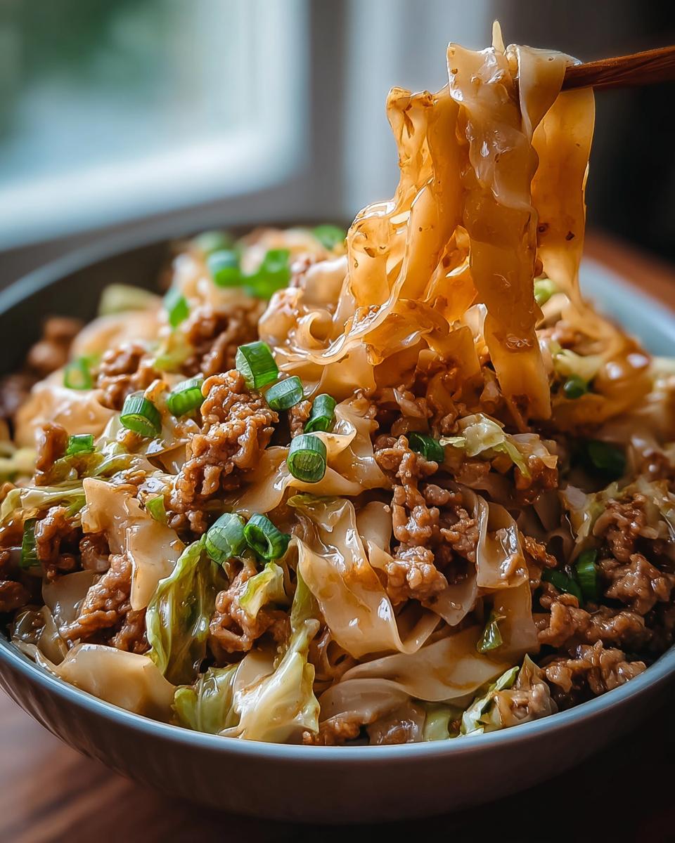 Close-up of a bowl of Potsticker Noodle Bowl with Pork & Cabbage Slaw, with noodles being lifted by chopsticks.