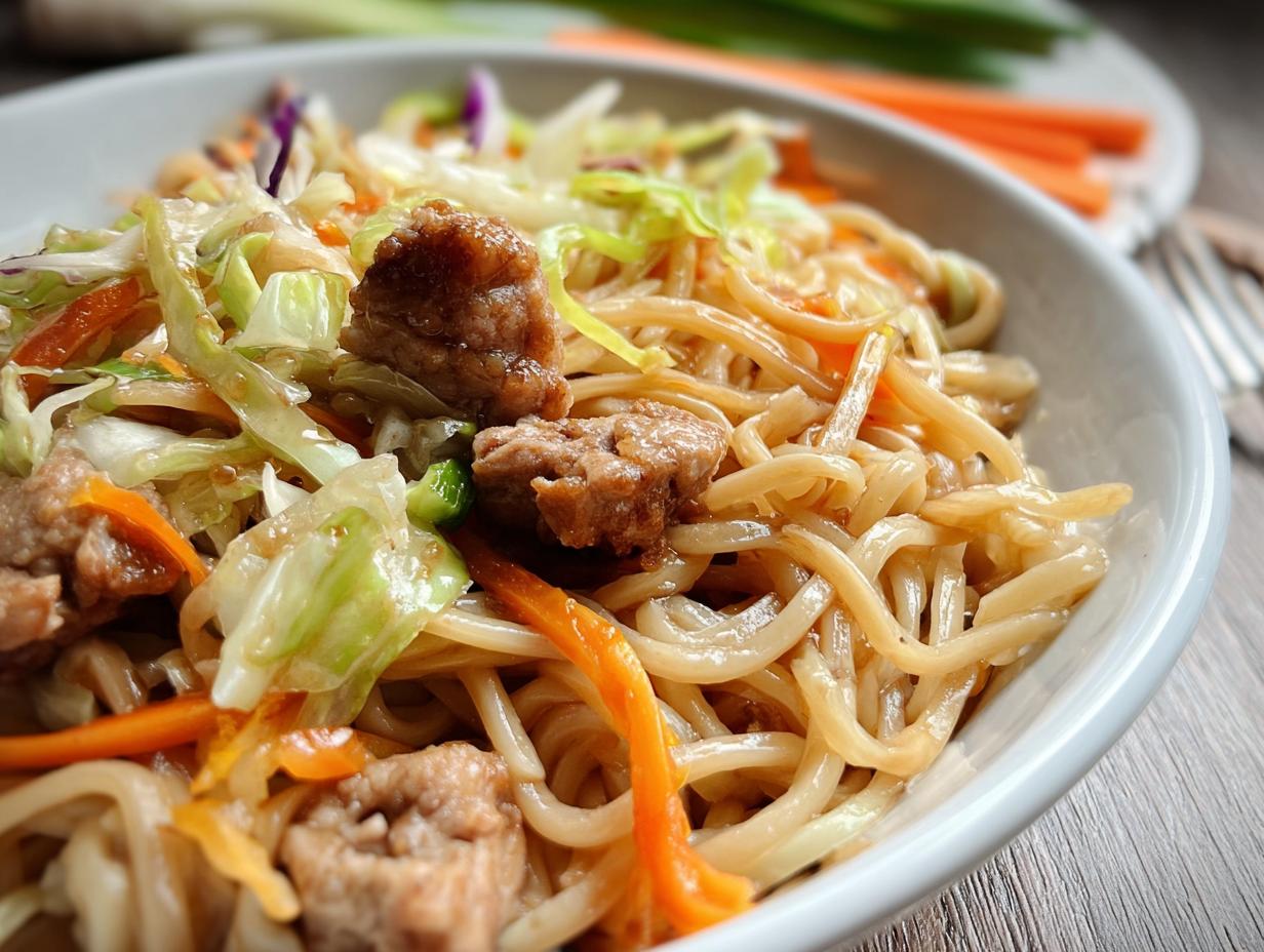 Close-up of a Potsticker Noodle Bowl with tender pork pieces, noodles, and a fresh cabbage slaw.