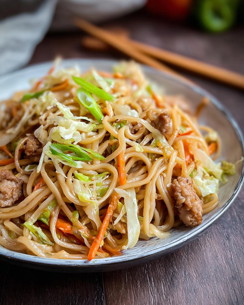 A close-up of a Potsticker Noodle Bowl with pork, cabbage slaw, and noodles, garnished with green onions.