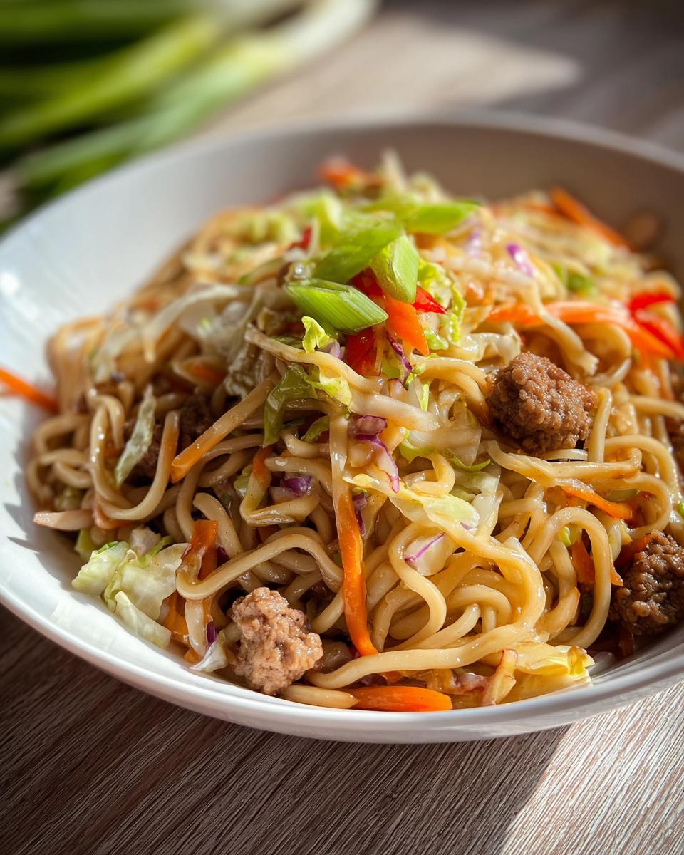 A close-up of a Potsticker Noodle Bowl with Pork & Cabbage Slaw, featuring noodles, pork pieces, and colorful slaw.