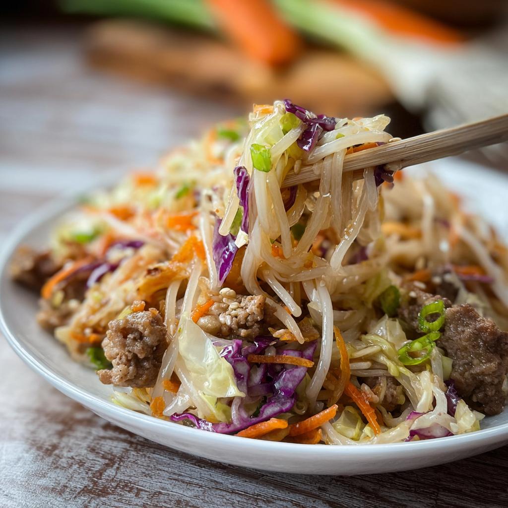 A close-up of a delicious Potsticker Noodle Bowl with Pork & Cabbage Slaw, being lifted with chopsticks.