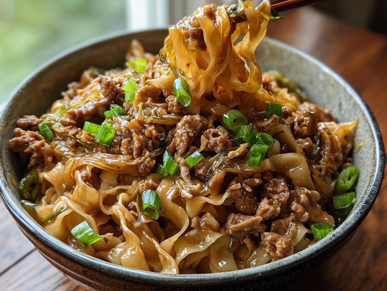 A close-up of a Potsticker Noodle Bowl with Pork and Cabbage, with noodles being lifted by chopsticks.