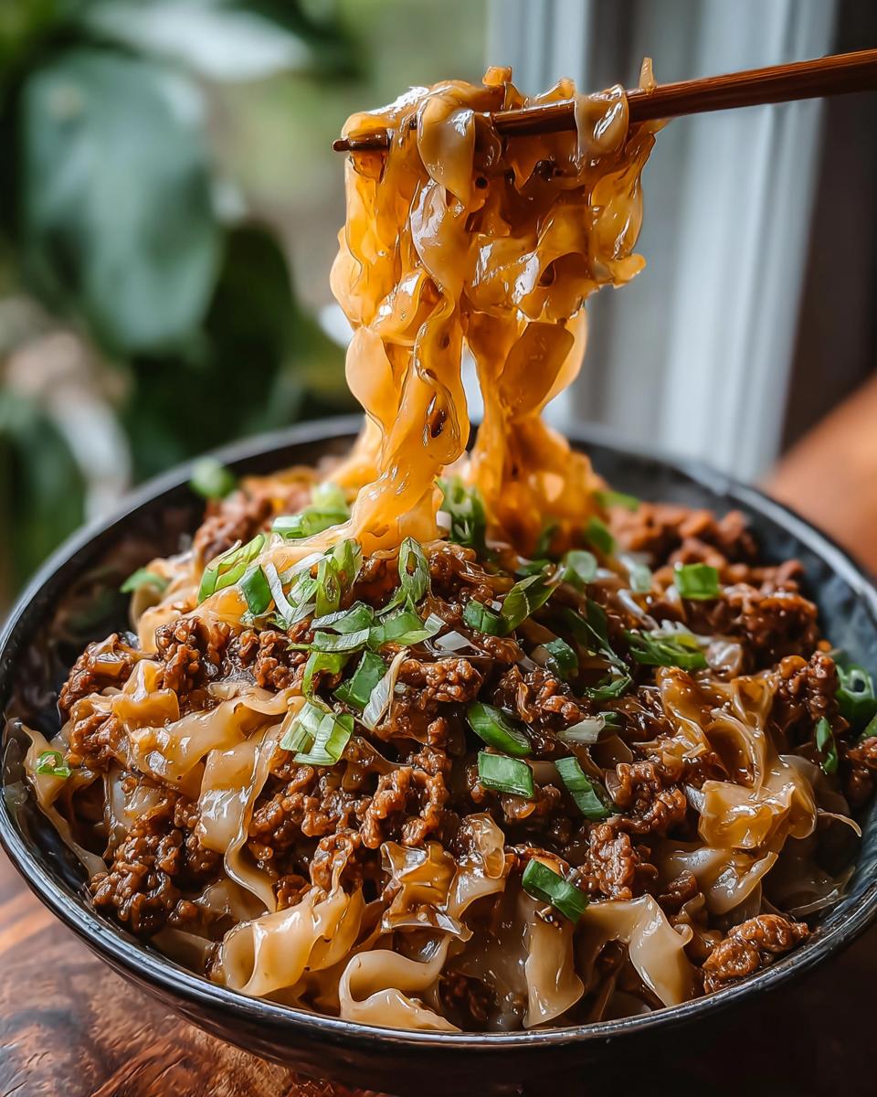 Close-up of a bowl of Potsticker Noodle Bowl with Pork, with noodles being lifted by chopsticks.