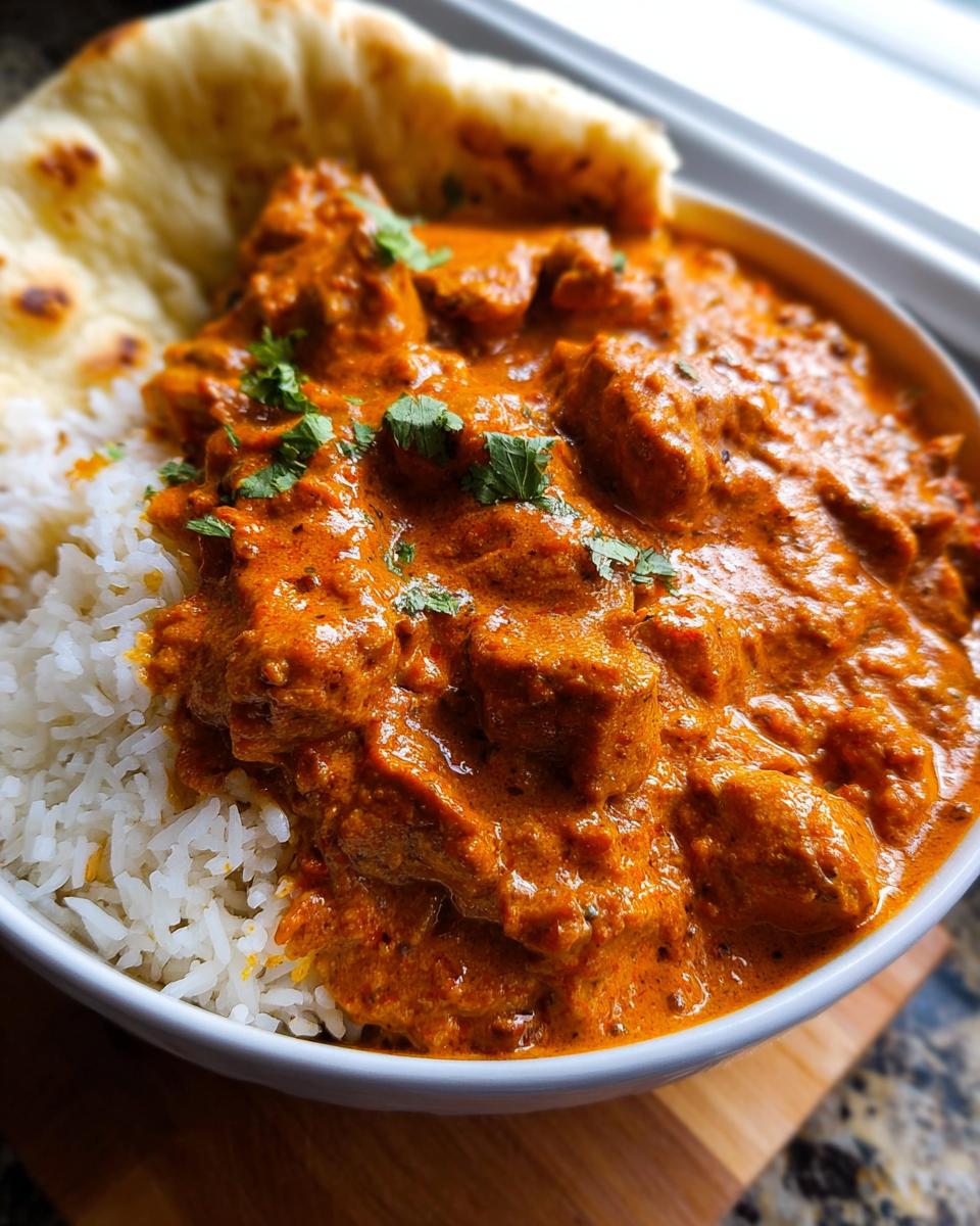 A close-up of a bowl of Quick & Easy Homemade Butter Chicken served with fluffy white rice and a piece of naan bread.