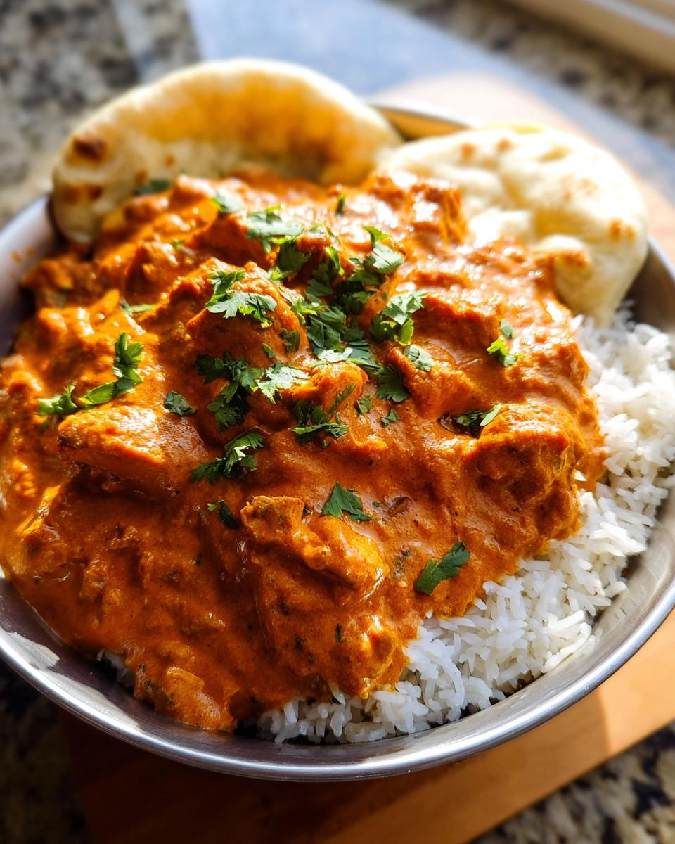 A bowl of Quick & Easy Homemade Butter Chicken served over fluffy white rice with pieces of naan bread.