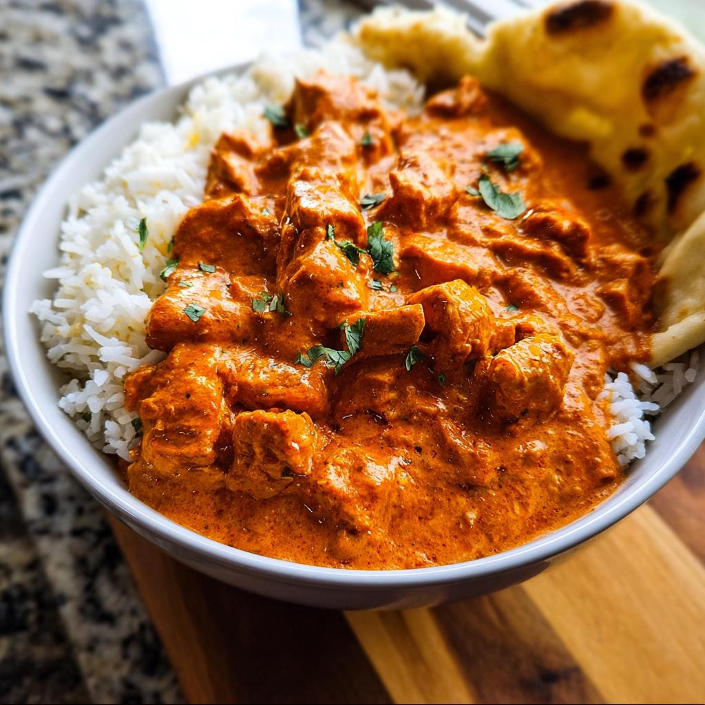 A bowl of fluffy white rice topped with creamy, orange Quick & Easy Homemade Butter Chicken, garnished with fresh cilantro and a piece of naan.