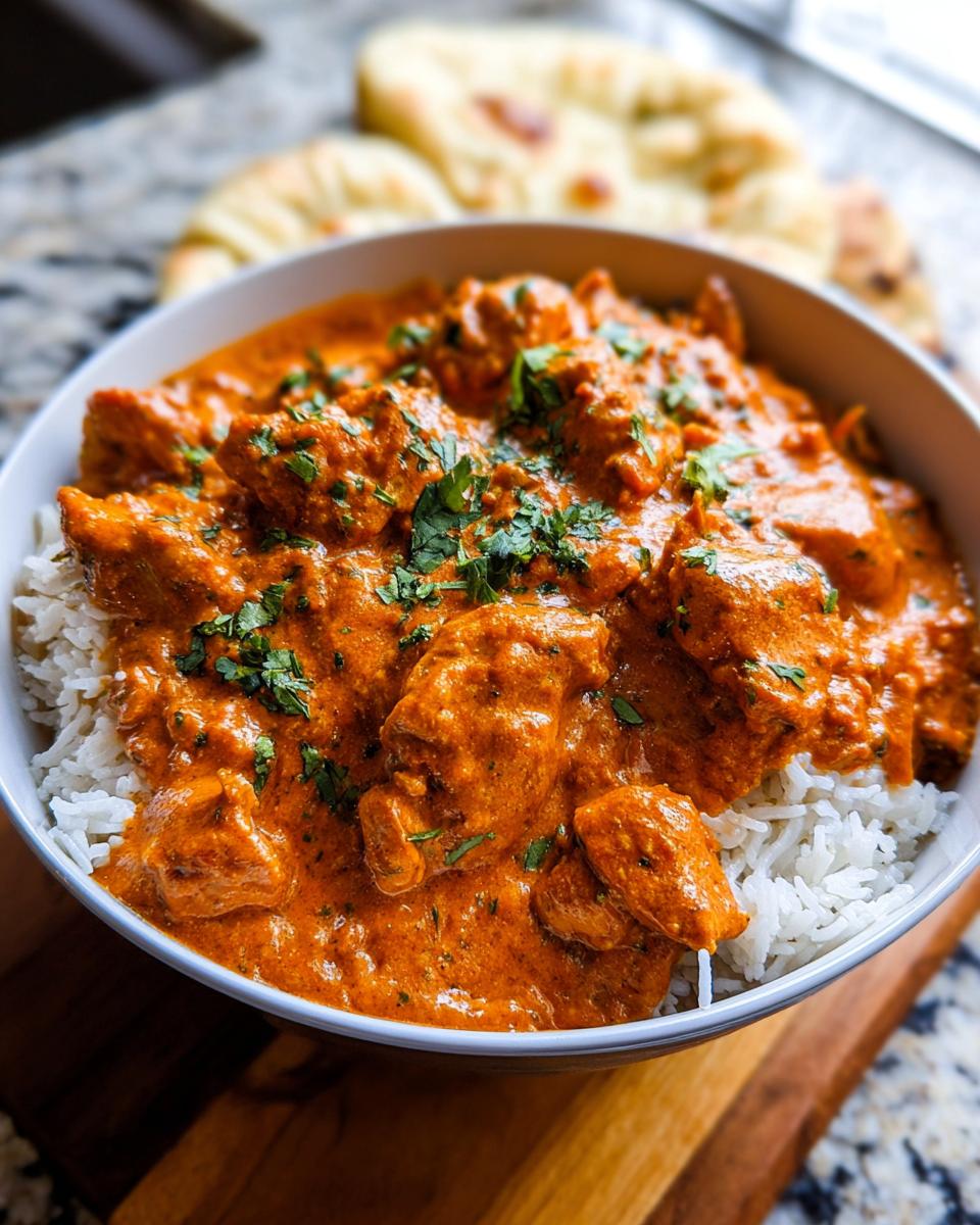 A bowl of Quick & Easy Homemade Butter Chicken served over fluffy white rice, garnished with fresh cilantro.