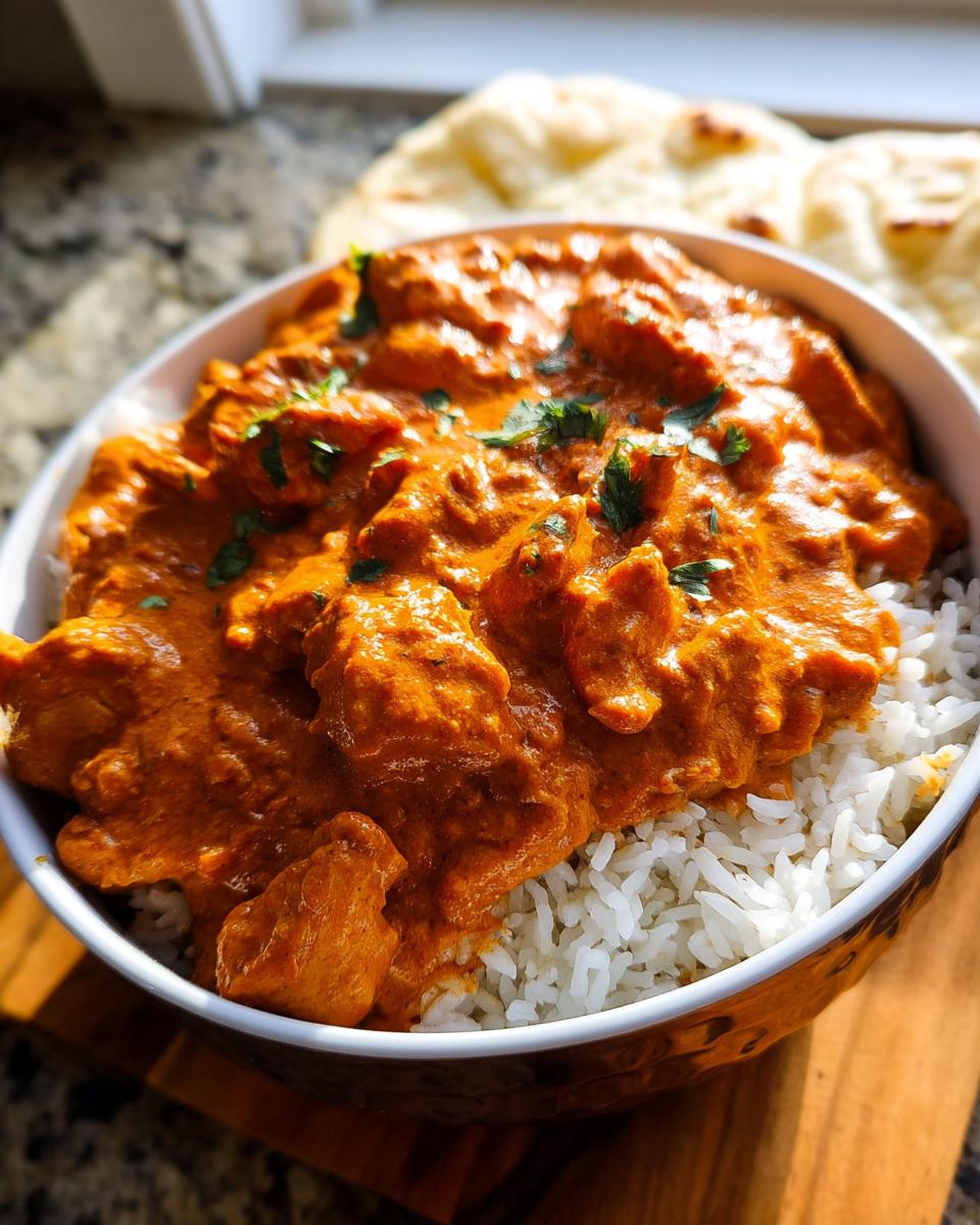 A bowl of fluffy white rice topped with creamy, rich Quick & Easy Homemade Butter Chicken, garnished with fresh cilantro.