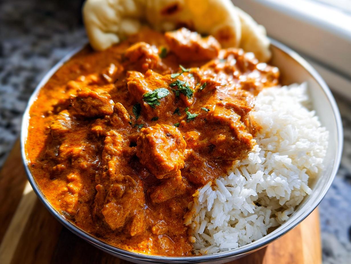 A bowl of Quick & Easy Homemade Butter Chicken served with fluffy white rice and a piece of naan bread.