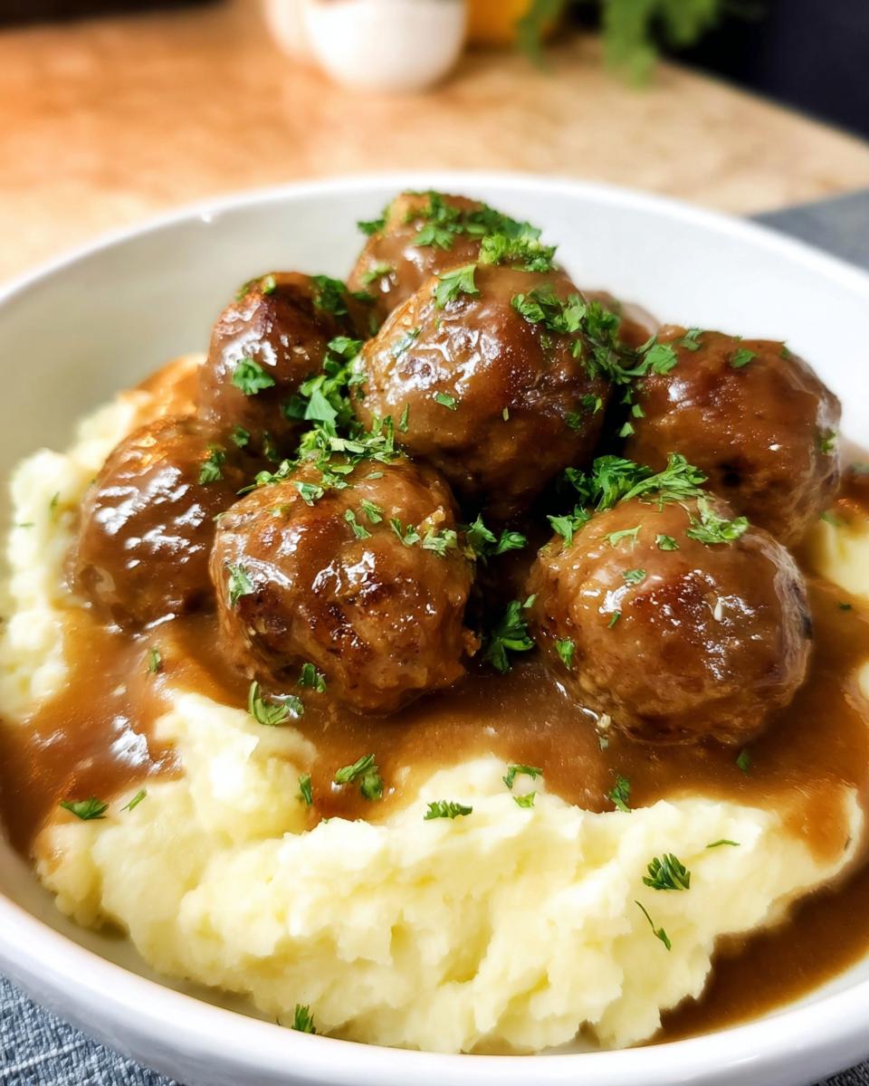 A bowl of Salisbury steak meatballs smothered in gravy, served over creamy garlic herb mashed potatoes, garnished with parsley.