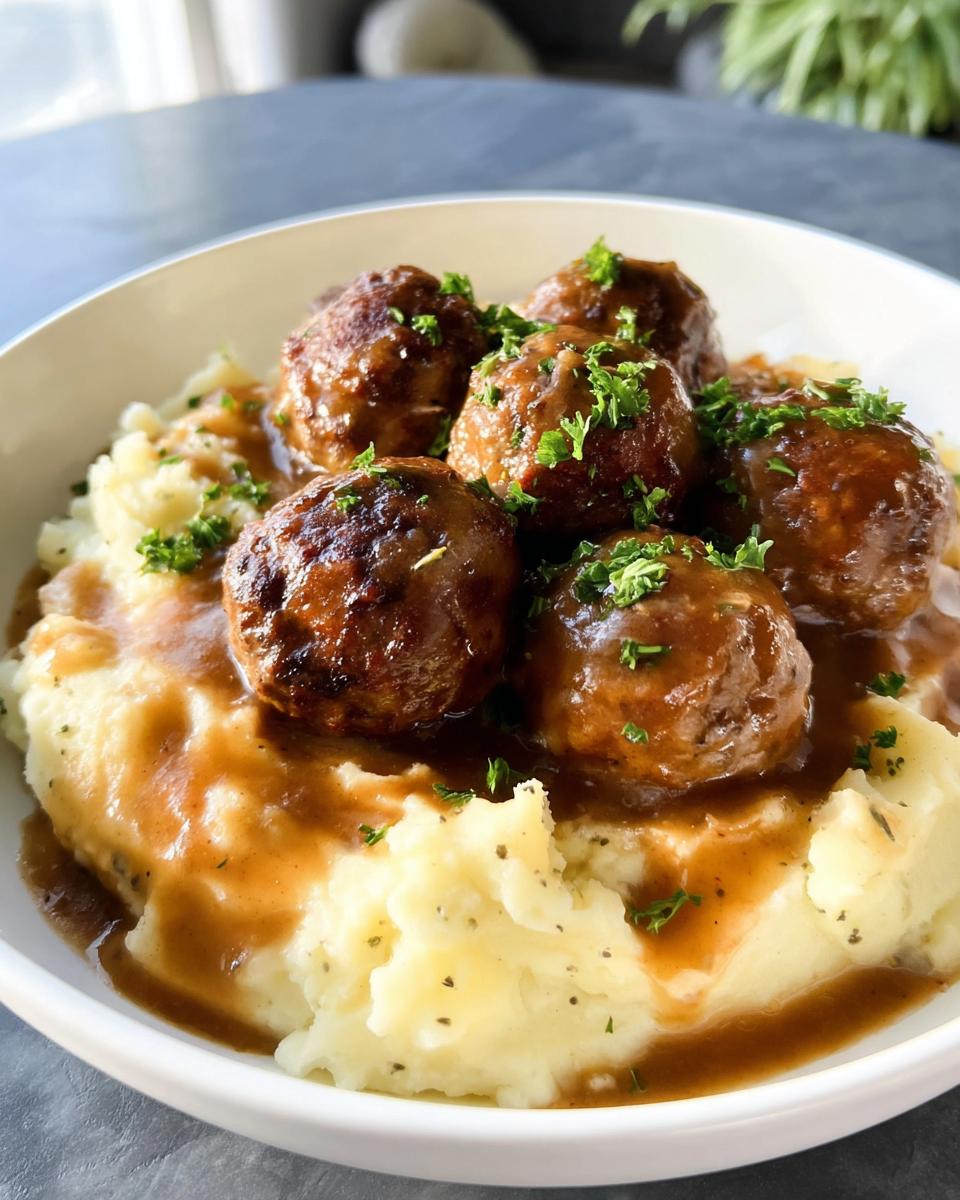 Close-up of Salisbury Steak Meatballs smothered in gravy, served over fluffy Garlic Herb Mashed Potatoes, and garnished with parsley.