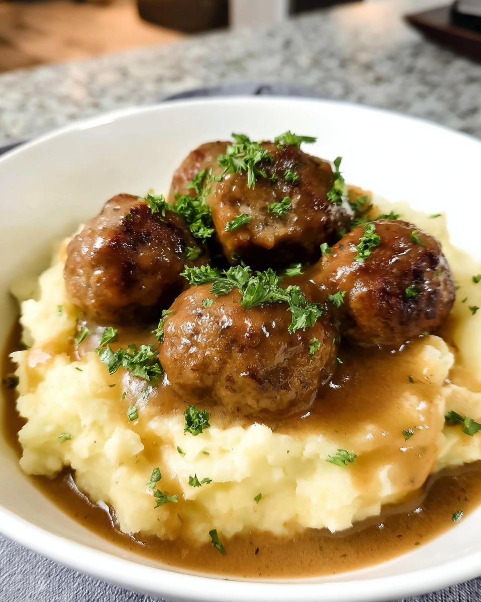 Close-up of Salisbury steak meatballs served over fluffy garlic herb mashed potatoes, drizzled with savory gravy and garnished with parsley.