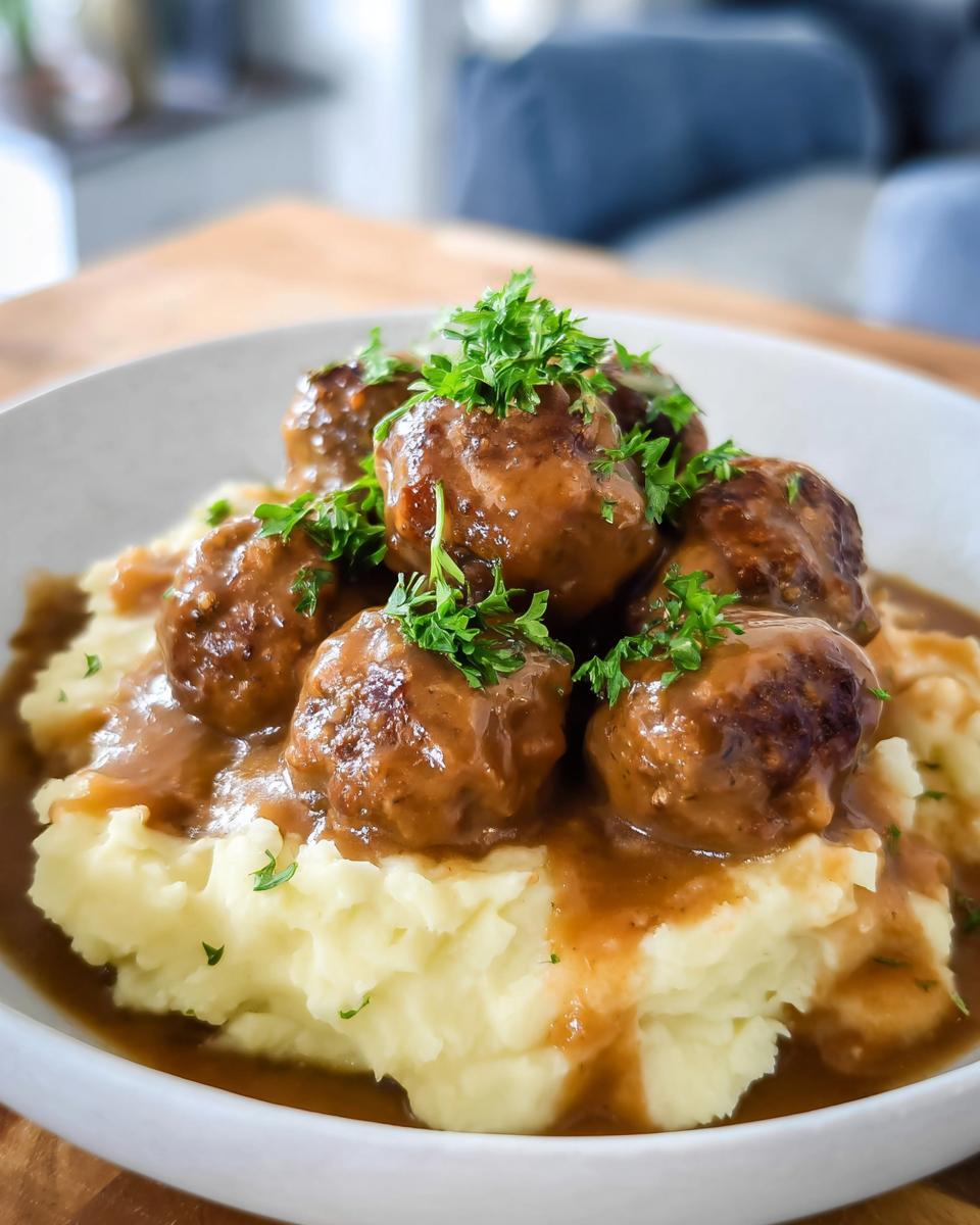 A bowl of Salisbury Steak Meatballs served over creamy Garlic Herb Mashed Potatoes, garnished with fresh parsley.