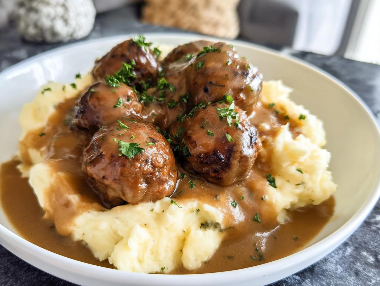 A bowl of Salisbury steak meatballs smothered in gravy, served over garlic herb mashed potatoes and garnished with parsley.