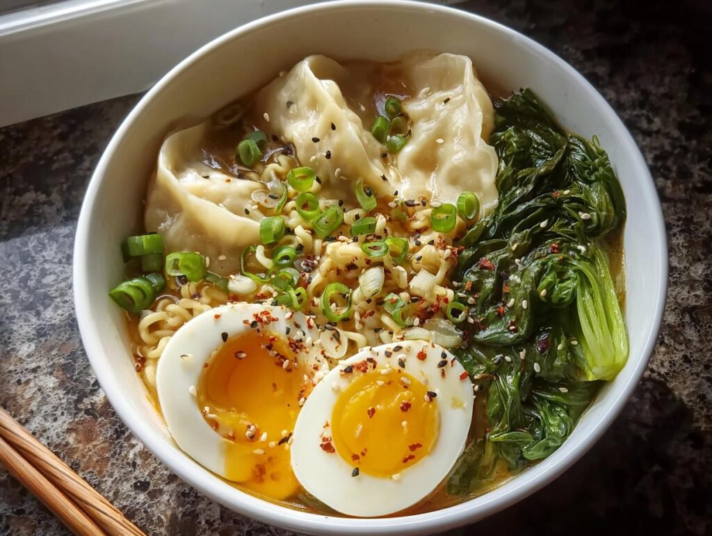 A close-up of a Savory Dumpling Ramen Bowl with soft-boiled eggs, dumplings, greens, and noodles.
