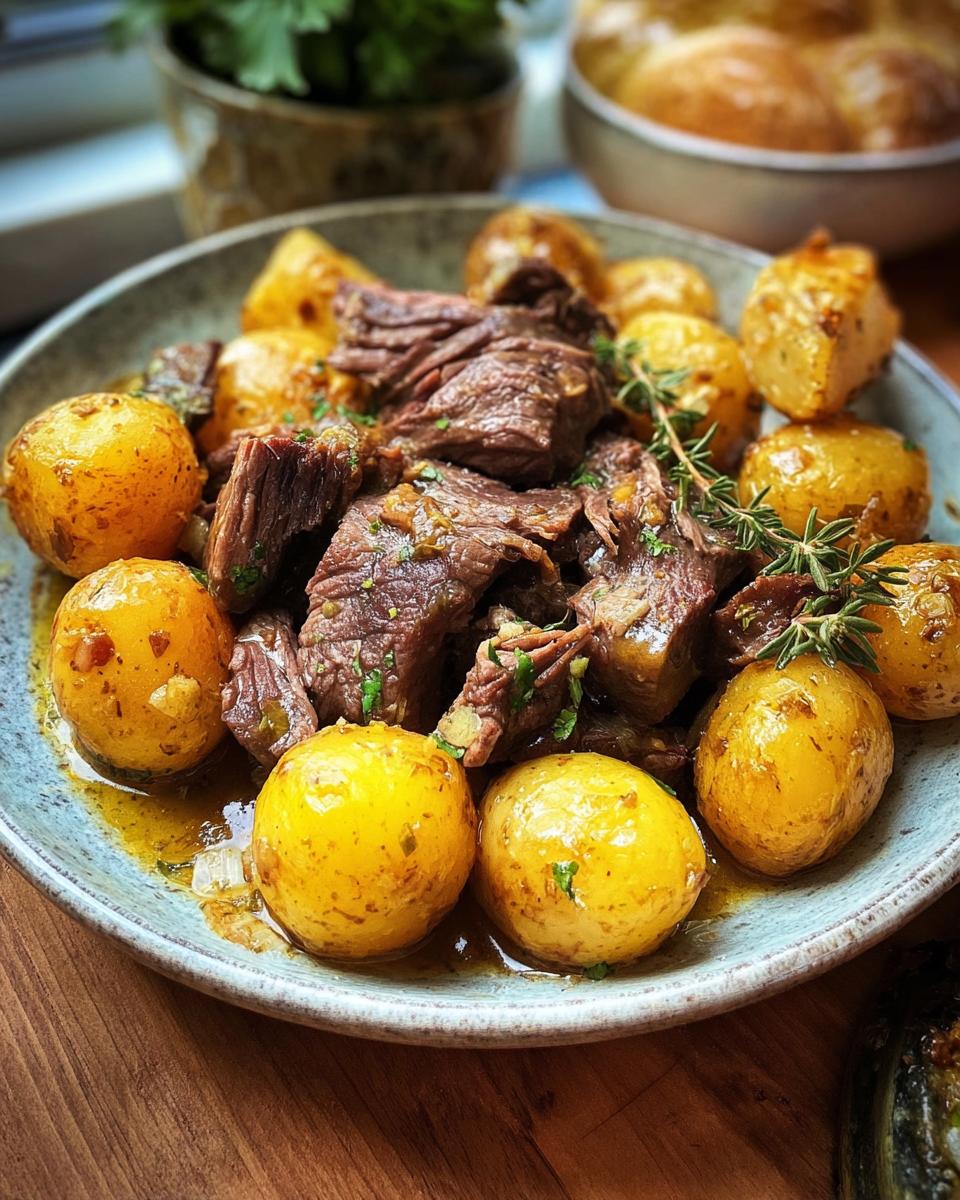 A close-up of Slow Cooker Garlic Butter Beef with Potatoes, featuring tender beef chunks and golden roasted potatoes in a savory sauce.