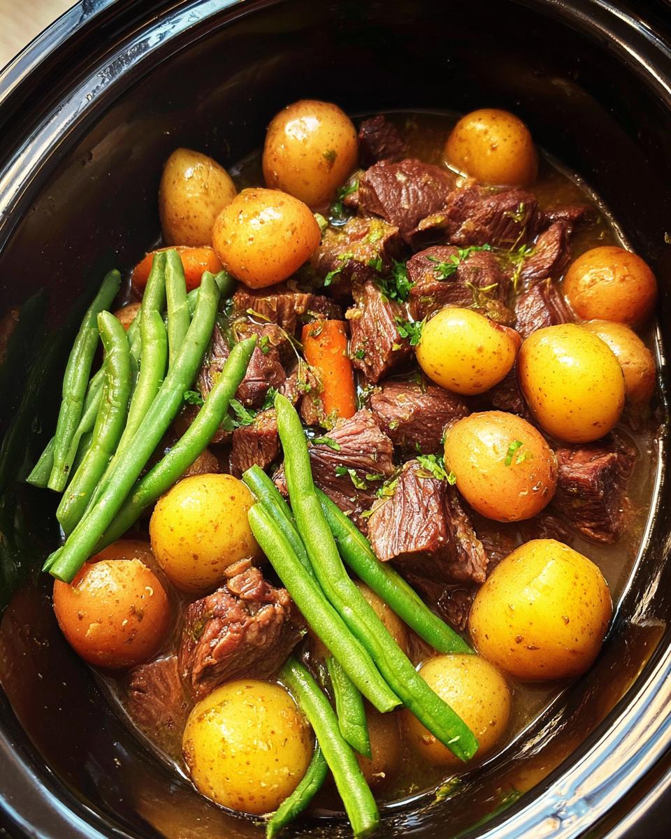 A close-up view of tender Slow Cooker Garlic Butter Beef with Potatoes and green beans in a black crock pot.