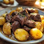A close-up of tender Slow Cooker Garlic Butter Beef with Potatoes served on a plate, garnished with herbs.