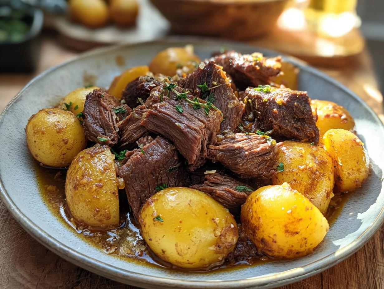A close-up of tender Slow Cooker Garlic Butter Beef with Potatoes served on a plate, garnished with herbs.