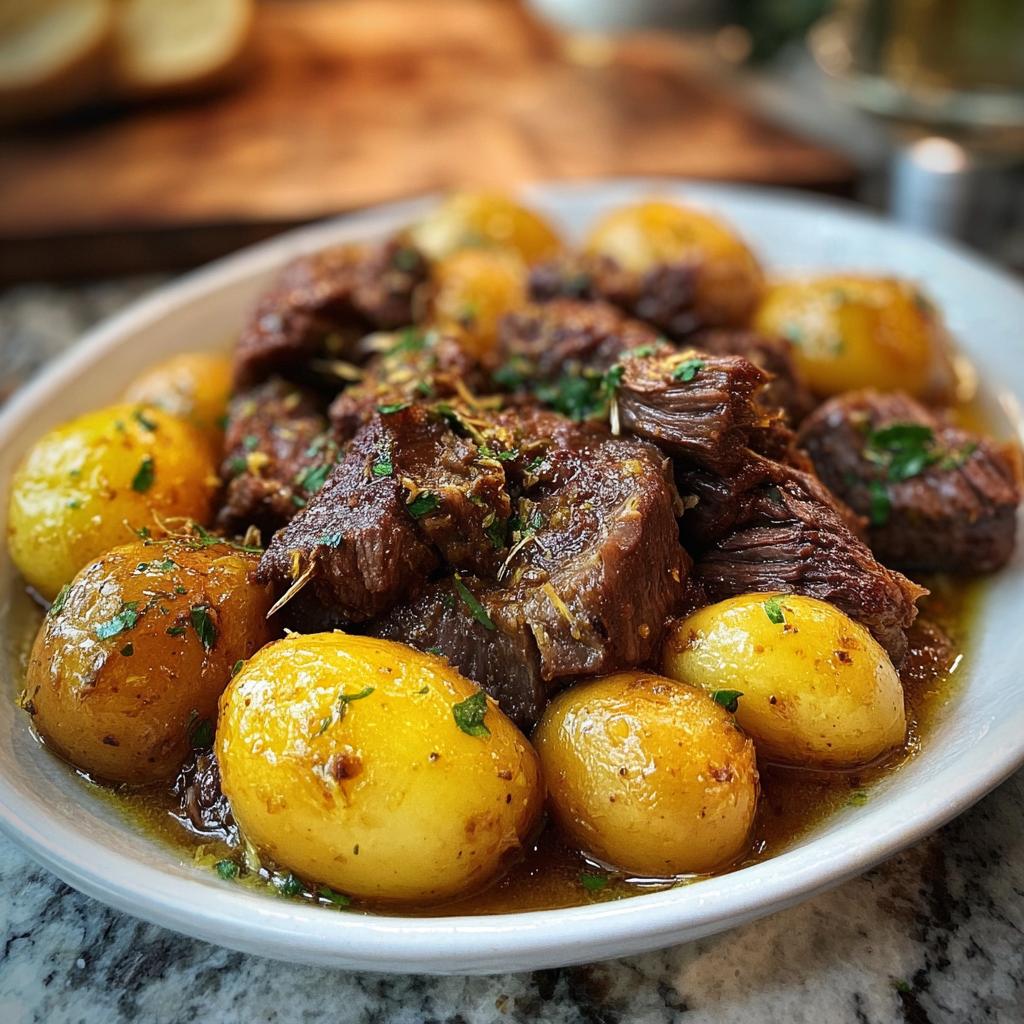 A close-up of tender Slow Cooker Garlic Butter Beef with Potatoes, garnished with fresh herbs.