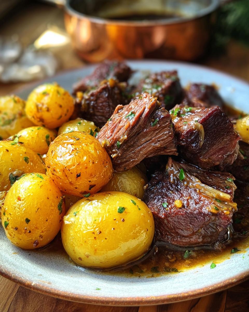 Close-up of tender Slow Cooker Garlic Butter Beef with Potatoes, garnished with parsley.