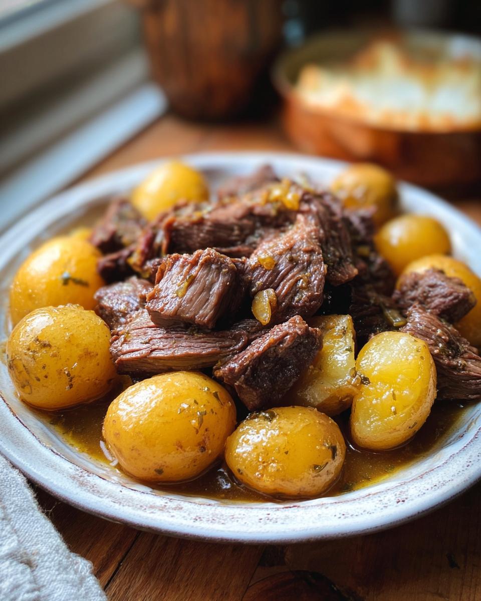 A close-up of tender Slow Cooker Garlic Butter Beef with Potatoes served on a rustic plate.