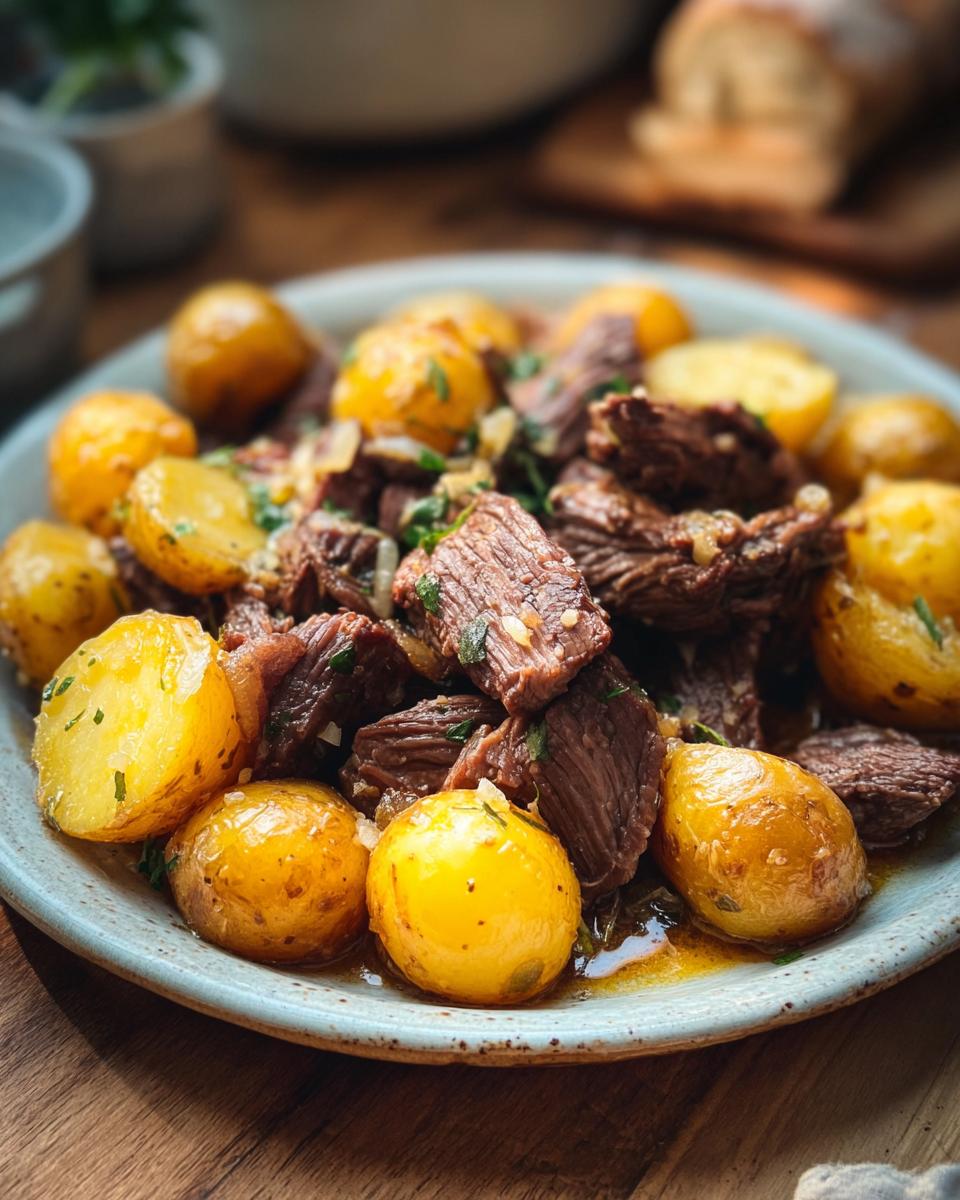 A close-up of tender Slow Cooker Garlic Butter Beef with Potatoes, garnished with fresh parsley.