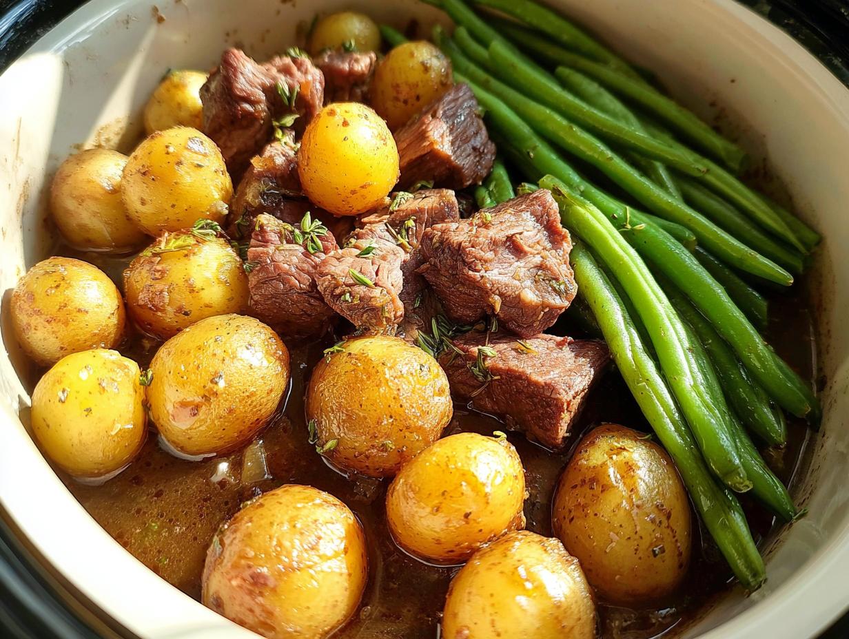 Close-up of Slow Cooker Garlic Butter Beef with Potatoes and Green Beans in a white ceramic pot.