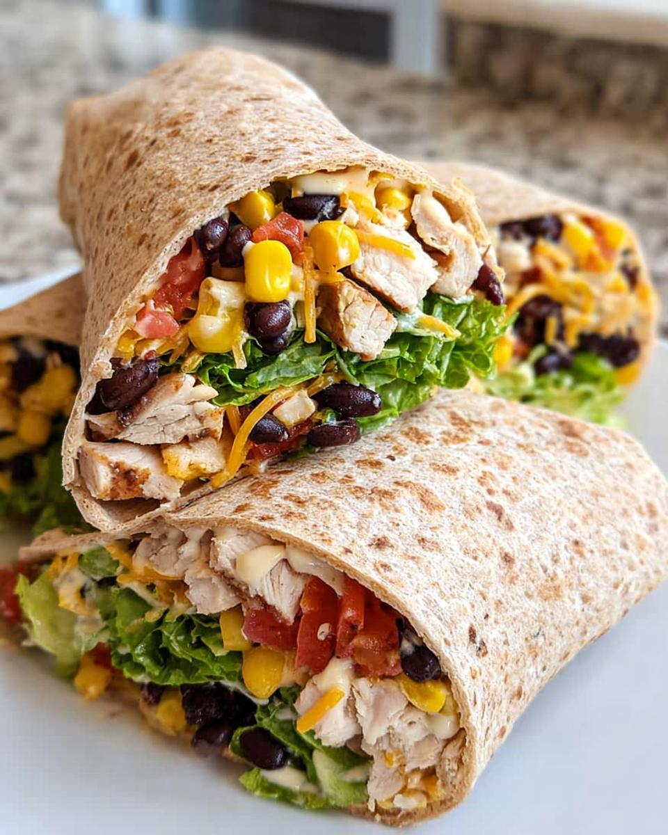 Close-up of delicious Southwest Chicken Wraps filled with chicken, black beans, corn, tomatoes, lettuce, and cheese.