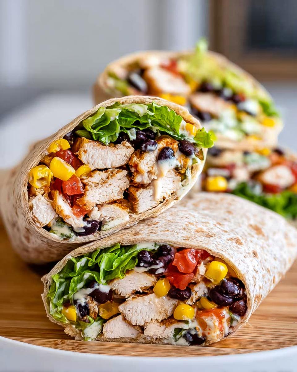 Close-up of a Southwest Chicken Wrap cut in half, showing tender chicken, black beans, corn, tomatoes, lettuce, and creamy dressing.