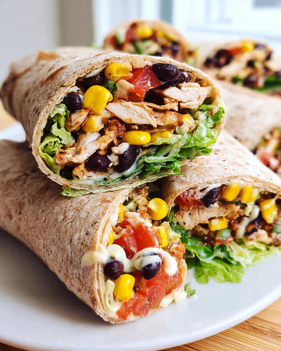 Close-up of a Southwest Chicken Wrap cut in half, revealing shredded chicken, black beans, corn, lettuce, and tomatoes.