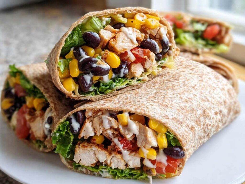 Close-up of a healthy Southwest Chicken Wrap filled with chicken, black beans, corn, lettuce, and a creamy dressing.