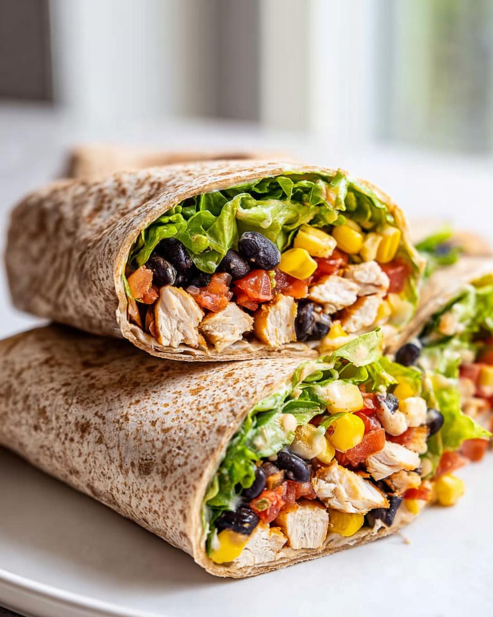 Close-up of two stacked Southwest Chicken Wraps, filled with chicken, black beans, corn, tomatoes, and lettuce.
